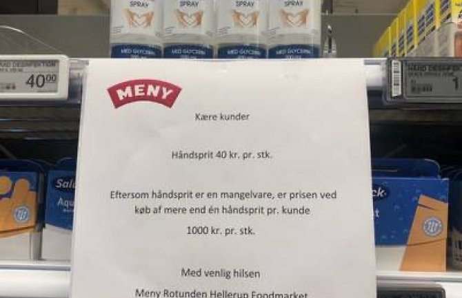 Danska: Jedna bočica za dezinfekciju ruku 5.5 eura, cijena za dva komada 134 eura