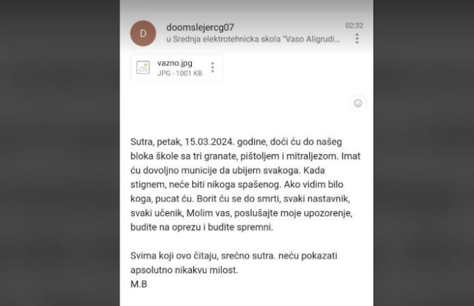 Prijeteći mejl stigao na adresu škole “Vaso Aligrudić”: