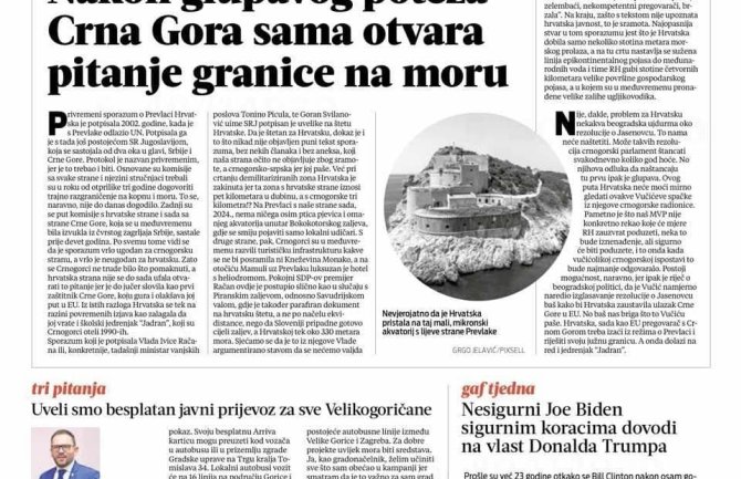 Večernji list: Nakon glupavog poteza Crna Gora sama otvaranja pitanje granica na moru